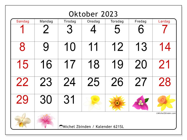Kalender oktober 2023, 621SL. Gratis journal for utskrift.