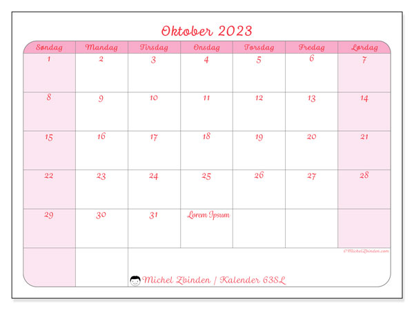 Kalender for utskrift, oktober 2023, 63SL