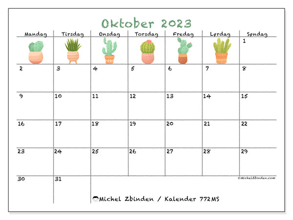 Kalender oktober 2023, 772MS. Gratis journal for utskrift.