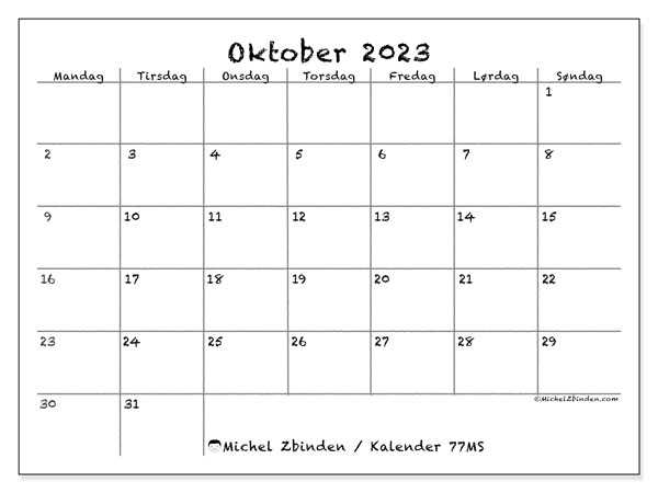 Kalender for utskrift, oktober 2023, 77MS