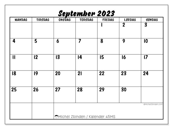 Kalender for utskrift, september 2023, 45MS