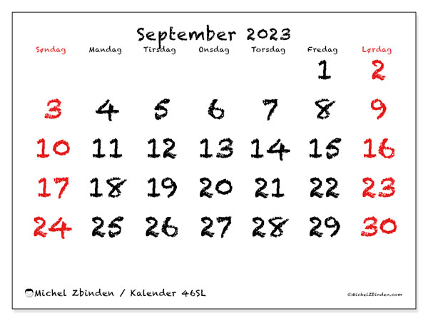 Kalender september 2023, 46SL. Gratis program for utskrift.
