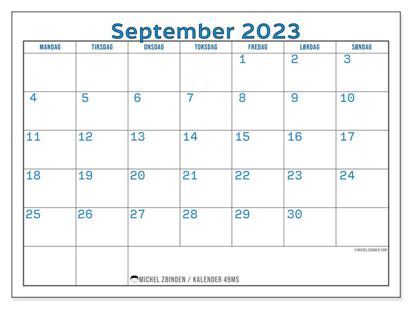 Kalender for utskrift, september 2023, 49MS