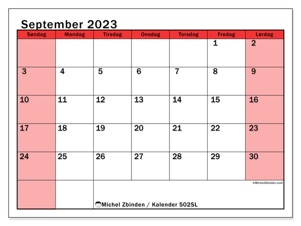 Kalender september 2023, 502SL. Gratis program for utskrift.