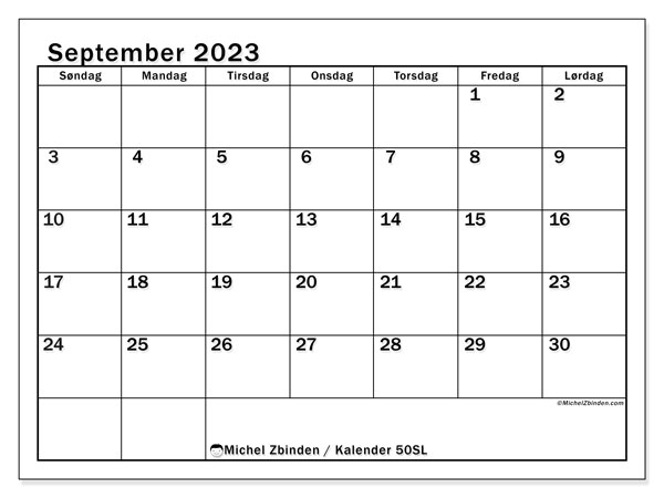 Kalender september 2023, 50SL. Gratis program for utskrift.