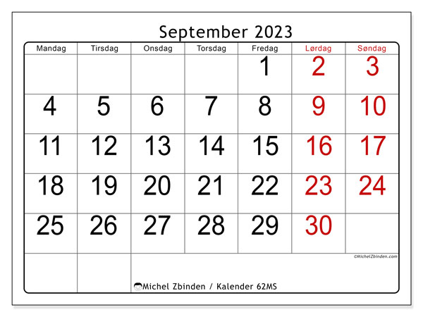 Kalender september 2023, 62MS. Gratis program for utskrift.