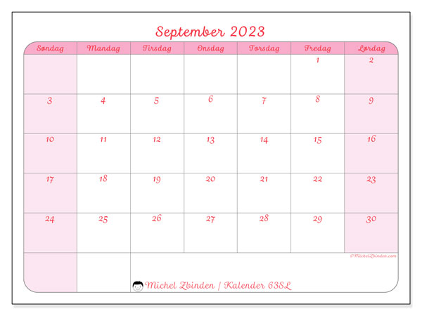 Kalender for utskrift, september 2023, 63SL