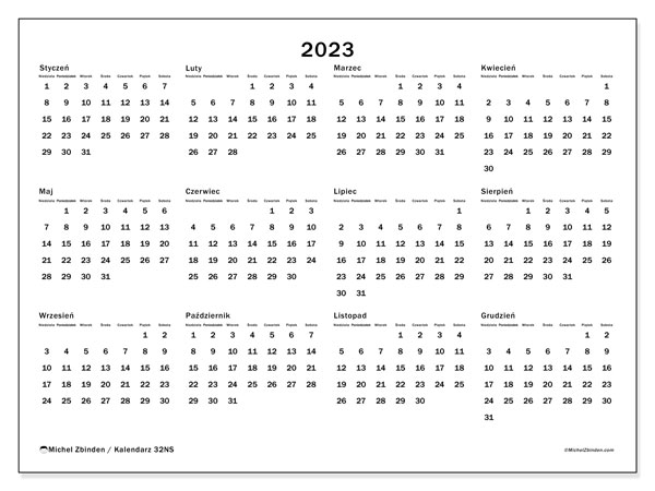 Kalendarze roczne 2023, 32NS. Darmowy plan do druku.