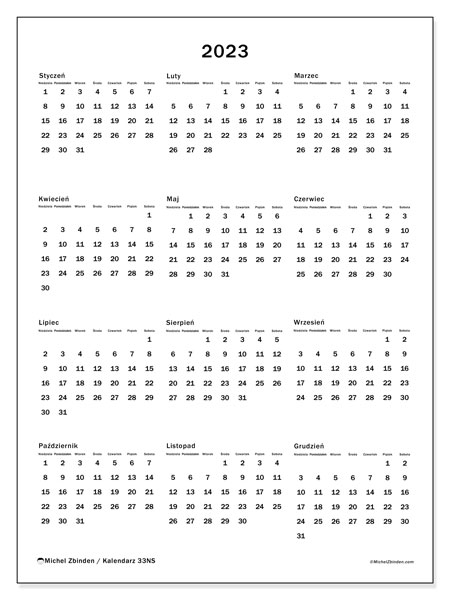 Kalendarze roczne 2023, 33NS. Darmowy plan do druku.