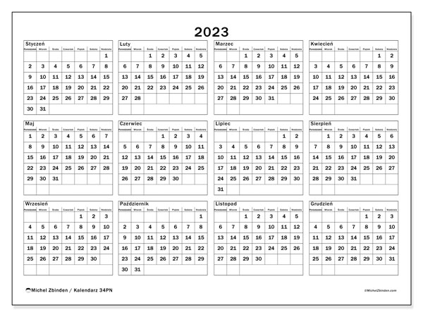 Kalendarze roczne 2023, 34PN. Darmowy plan do druku.