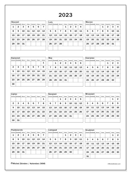 Kalendarz roczny 2023 “36”. Darmowy dziennik do druku.. Od niedzieli do soboty