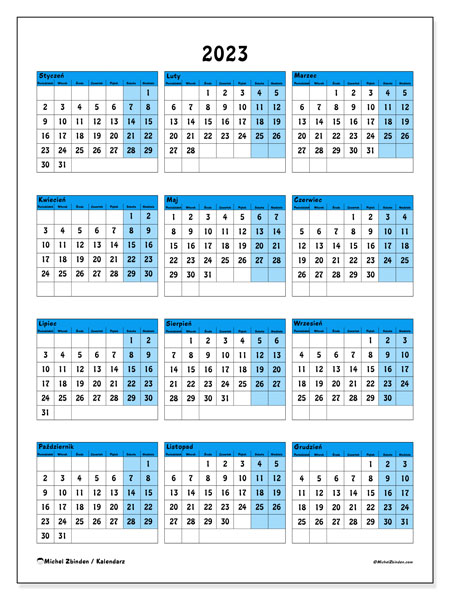 Kalendarze roczne 2023, 40PN. Darmowy plan do druku.