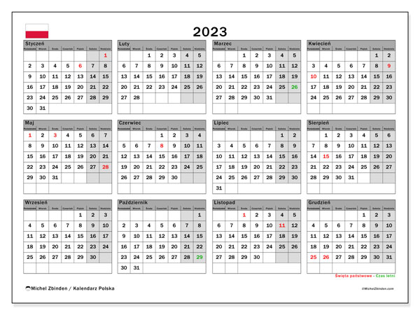 Kalenteri 2023, Puola (PL). Ilmainen tulostettava kalenteri.