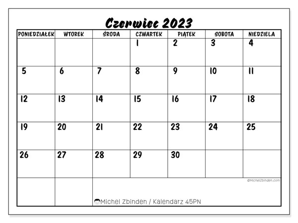 Kalendarz do druku, czerwiec 2023, 45PN