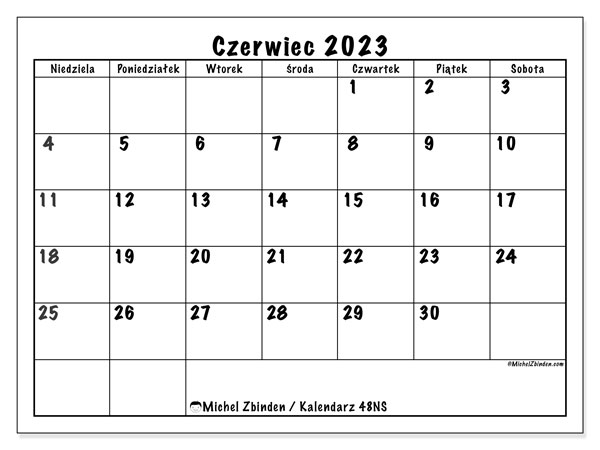 Kalendarz czerwiec 2023, 48NS. Darmowy program do druku.
