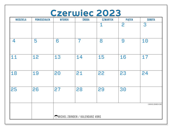 Kalendarz czerwiec 2023, 49NS. Darmowy program do druku.