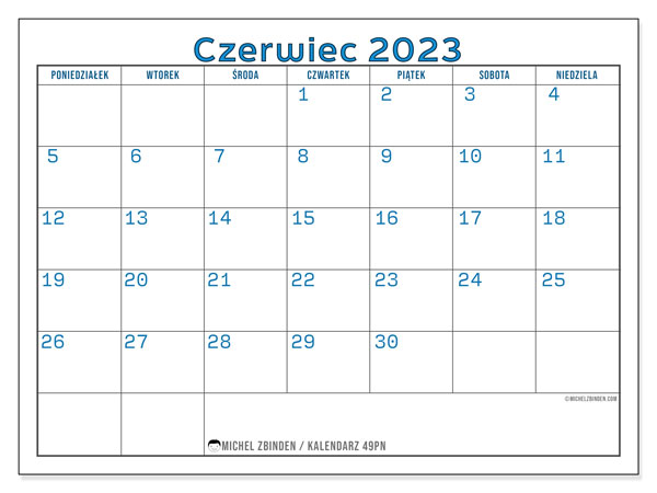 Kalendarz czerwiec 2023, 49PN. Darmowy program do druku.
