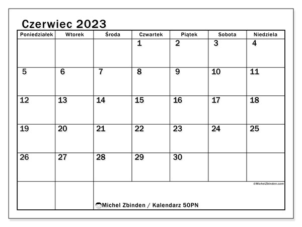 Kalendarz czerwiec 2023, 50PN. Darmowy program do druku.
