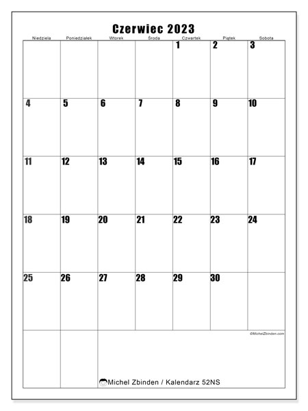 Kalendarz do druku, czerwiec 2023, 52NS