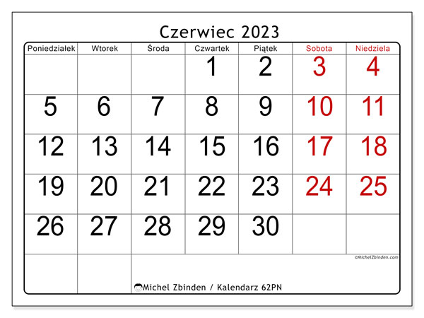 Kalendarz czerwiec 2023, 62PN. Darmowy program do druku.