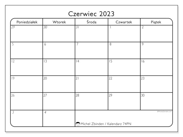 Kalendarz czerwiec 2023, 74PN. Darmowy program do druku.