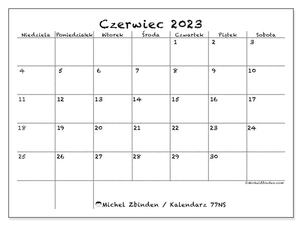 Kalendarz czerwiec 2023 “77”. Darmowy terminarz do druku.. Od niedzieli do soboty
