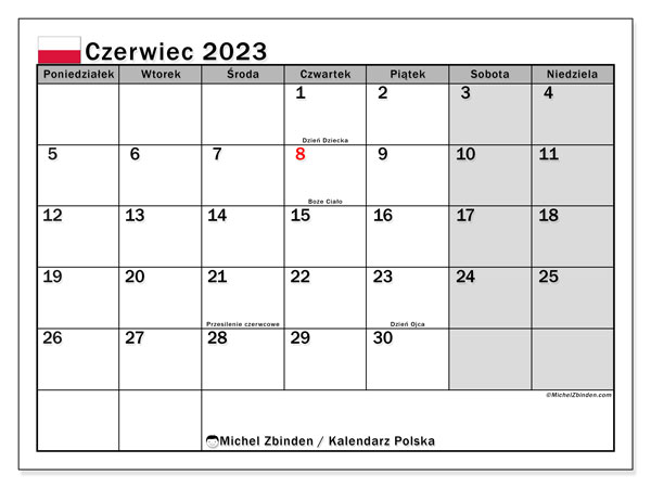 Calendrier juin 2023, Pologne (PL), prêt à imprimer et gratuit.