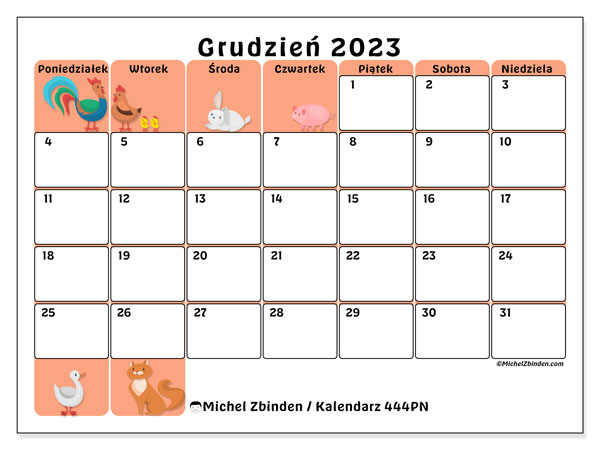 Kalendarz grudzień 2023 “444”. Darmowy plan do druku.. Od poniedziałku do niedzieli