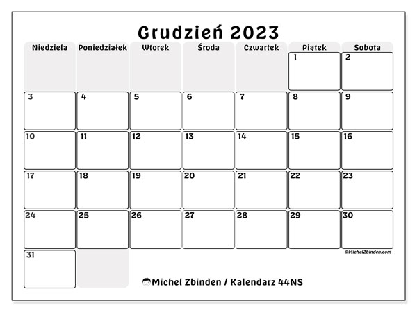 Kalendarz grudzień 2023 “44”. Darmowy kalendarz do druku.. Od niedzieli do soboty