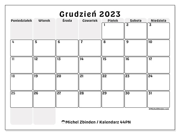 Kalendarz grudzień 2023 “44”. Darmowy kalendarz do druku.. Od poniedziałku do niedzieli