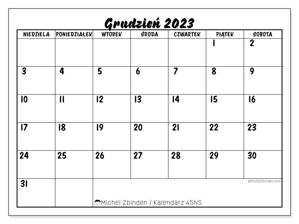 Kalendarz grudzień 2023 “45”. Darmowy program do druku.. Od niedzieli do soboty