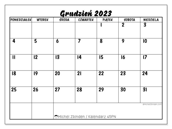 Kalendarz grudzień 2023 “45”. Darmowy program do druku.. Od poniedziałku do niedzieli