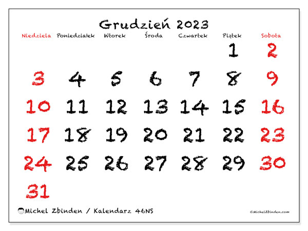 Kalendarz grudzień 2023 “46”. Darmowy kalendarz do druku.. Od niedzieli do soboty