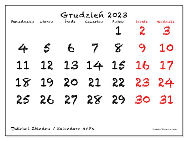 Kalendarz grudzień 2023 “46”. Darmowy kalendarz do druku.. Od poniedziałku do niedzieli