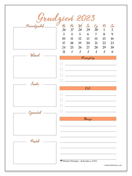 Kalendarz grudzień 2023 “47”. Darmowy kalendarz do druku.. Od niedzieli do soboty
