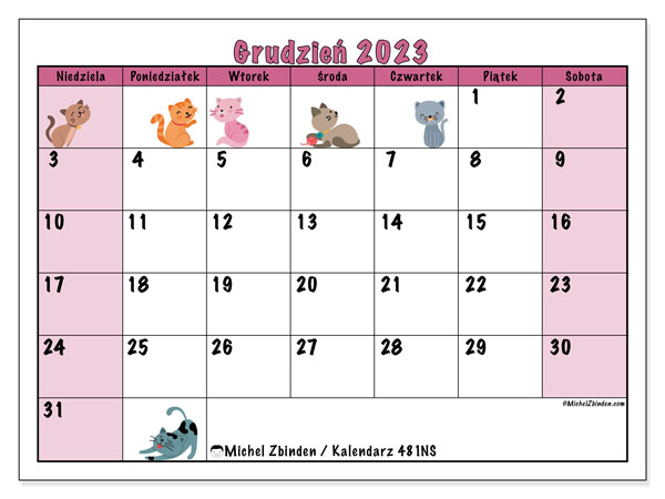 Kalendarz grudzień 2023 “481”. Darmowy kalendarz do druku.. Od niedzieli do soboty