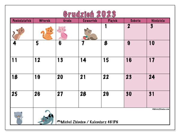 Kalendarz grudzień 2023 “481”. Darmowy kalendarz do druku.. Od poniedziałku do niedzieli