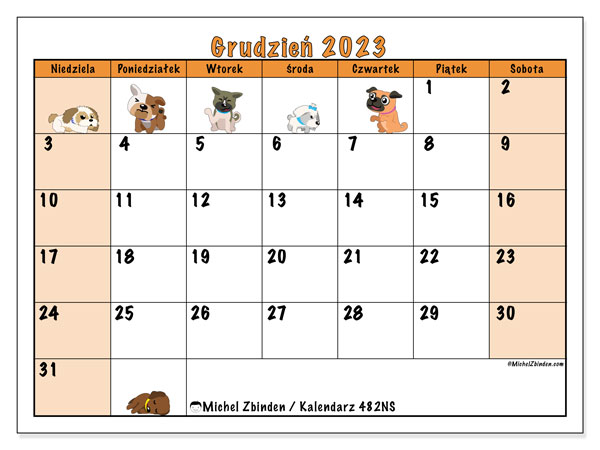 Kalendarz grudzień 2023 “482”. Darmowy plan do druku.. Od niedzieli do soboty