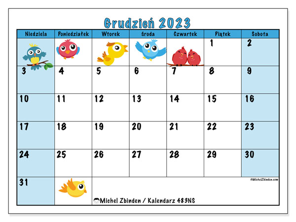 Kalendarz grudzień 2023 “483”. Darmowy terminarz do druku.. Od niedzieli do soboty
