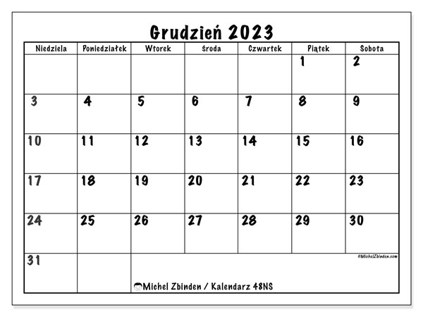 Kalendarz grudzień 2023 “48”. Darmowy dziennik do druku.. Od niedzieli do soboty