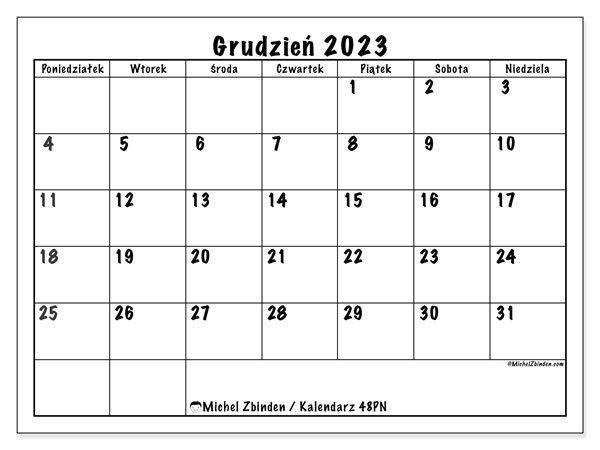 Kalendarz grudzień 2023 “48”. Darmowy dziennik do druku.. Od poniedziałku do niedzieli