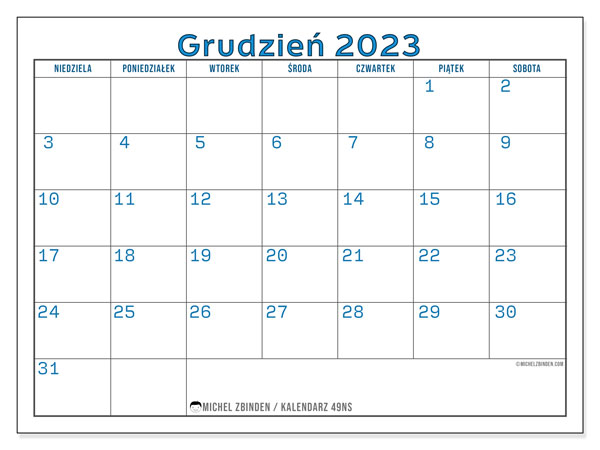 Kalendarz grudzień 2023 “49”. Darmowy terminarz do druku.. Od niedzieli do soboty
