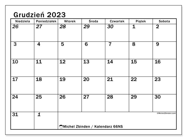 Kalendarz grudzień 2023 “501”. Darmowy kalendarz do druku.. Od niedzieli do soboty