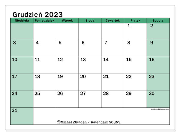 Kalendarz grudzień 2023 “503”. Darmowy dziennik do druku.. Od niedzieli do soboty