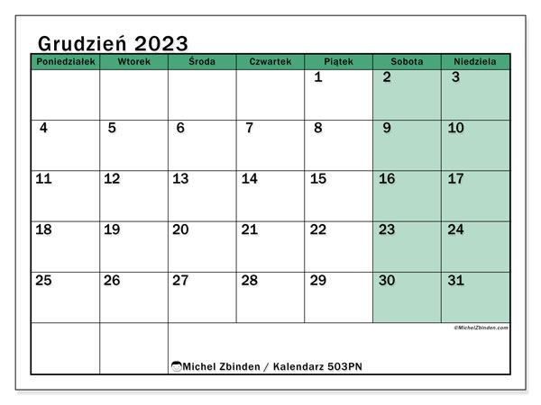 Kalendarz grudzień 2023 “503”. Darmowy dziennik do druku.. Od poniedziałku do niedzieli