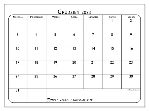 Kalendarz grudzień 2023 “51”. Darmowy terminarz do druku.. Od niedzieli do soboty