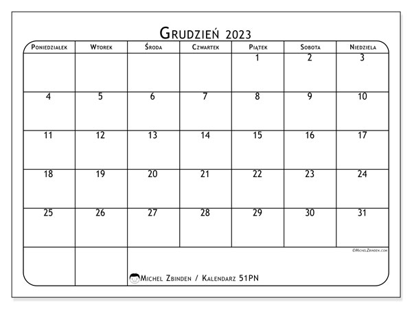 Kalendarz grudzień 2023, 51PN. Darmowy program do druku.