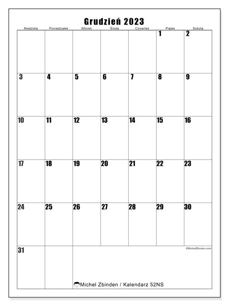 Kalendarz grudzień 2023 “52”. Darmowy dziennik do druku.. Od niedzieli do soboty