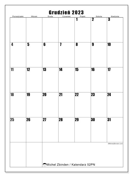 Kalendarz grudzień 2023, 52PN. Darmowy terminarz do druku.