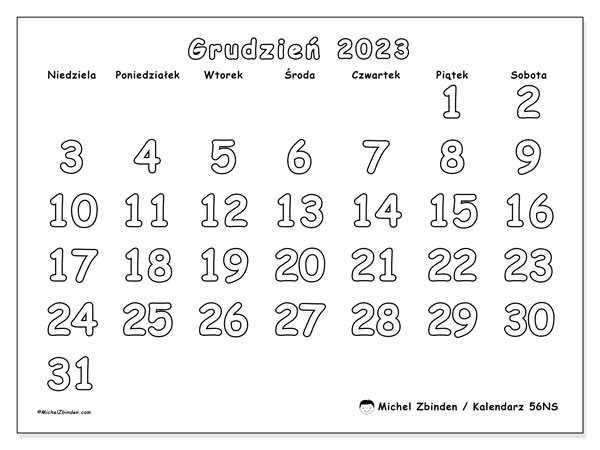 Kalendarz grudzień 2023 “56”. Darmowy program do druku.. Od niedzieli do soboty
